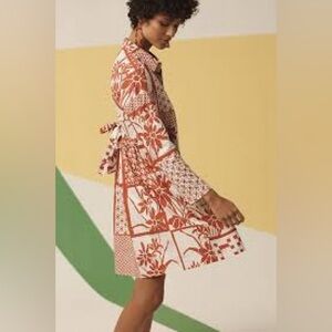Anthropologie Maeve printmaker poplin shirt dress Red and White Long Sleeve s